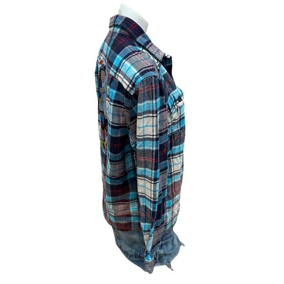 Retro Cowboy Plaid Flannel Shirt MEDIUM Cowgirl Unique Western Oversized Upcycle - Picture 3 of 6